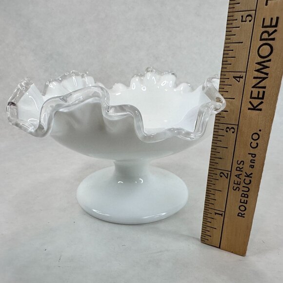 VTG FENTON Silver Crest Milk Glass Pedestal Bowl Candy Dish Clear Ruffle Edge 7" - Picture 5 of 10